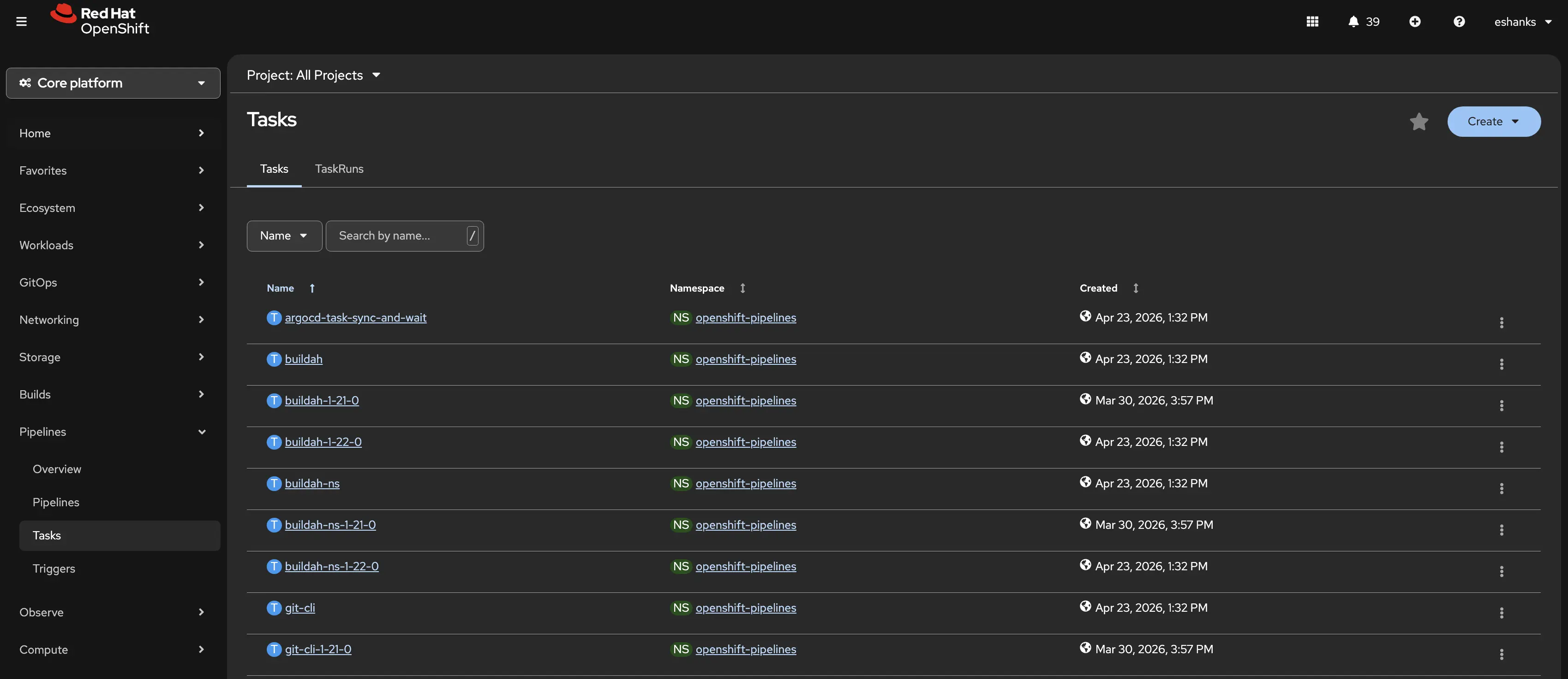 OpenShift Pipelines Custom Task Page