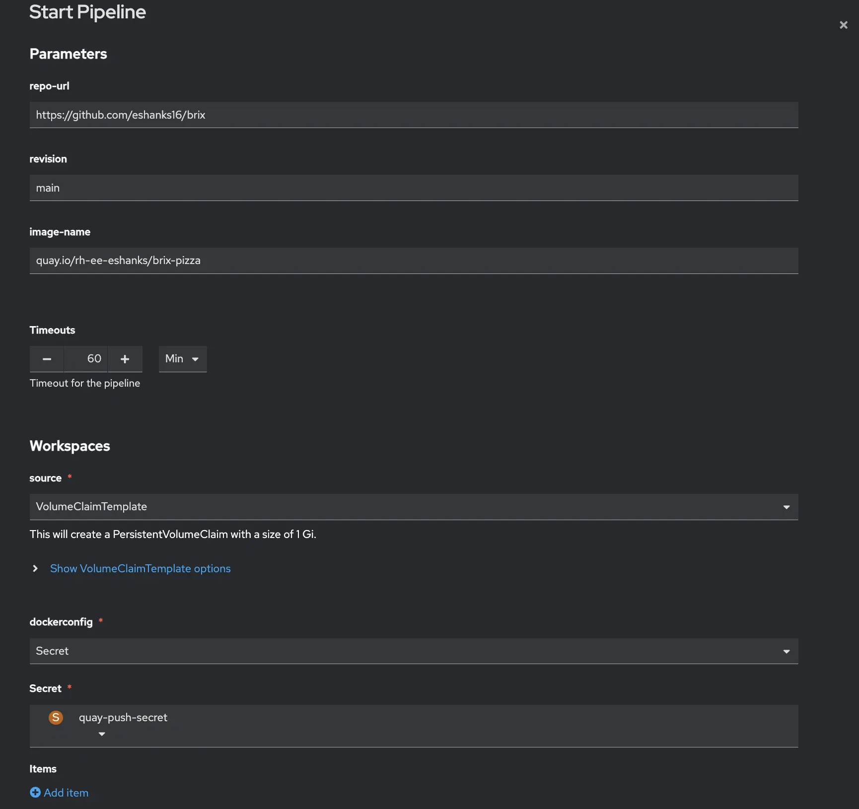 OpenShift Pipelines Run Form