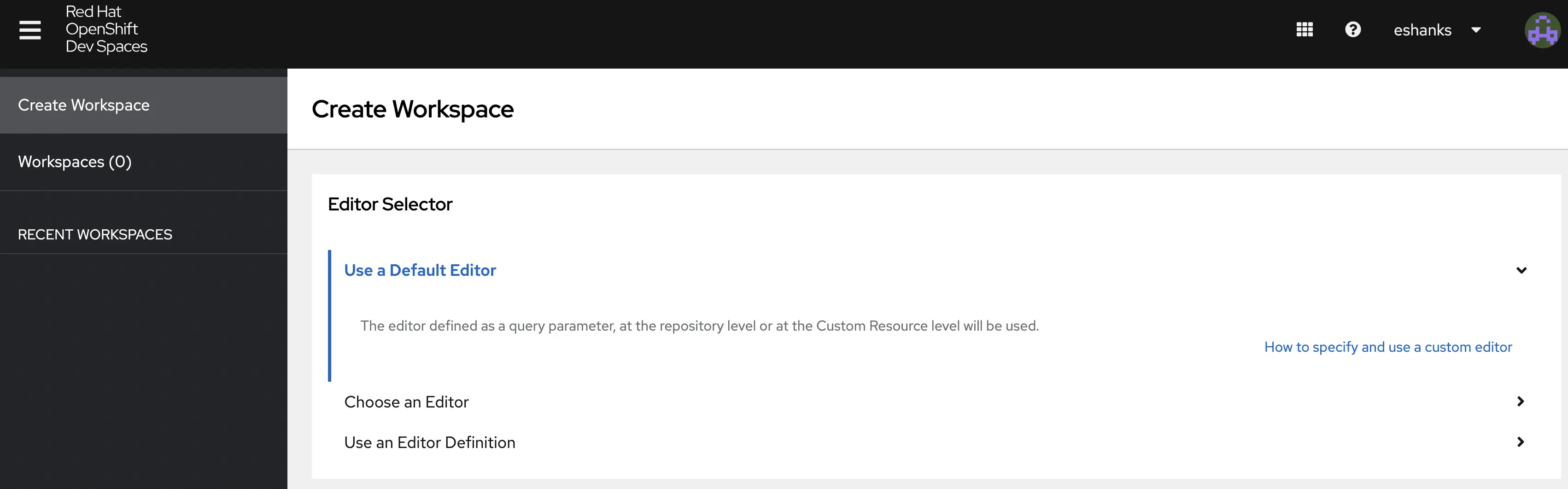 OpenShift Dev Spaces Client Home Screen