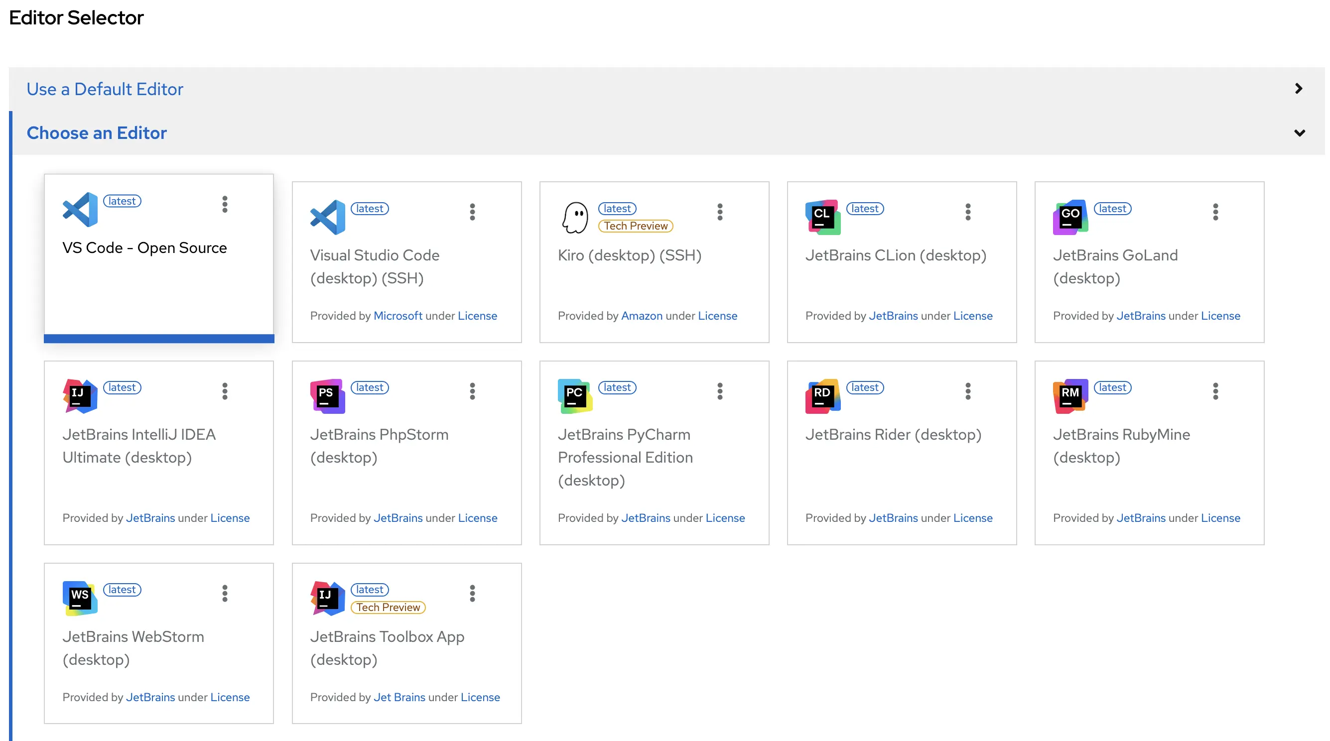 OpenShift Dev Spaces IDE Selector