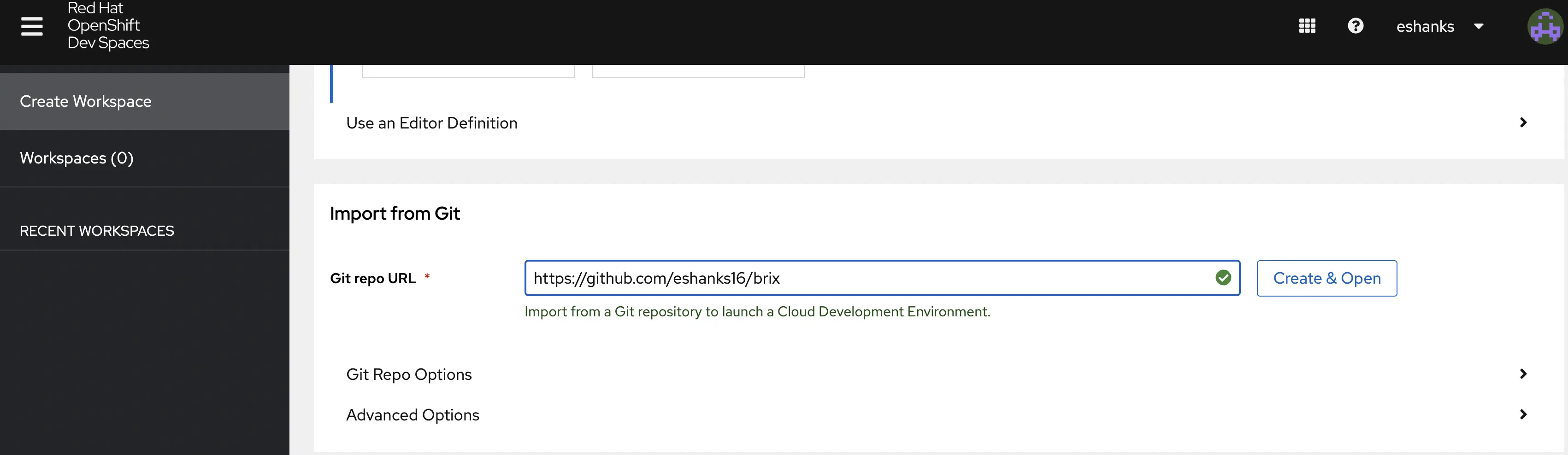 OpenShift Dev Spaces git config screen