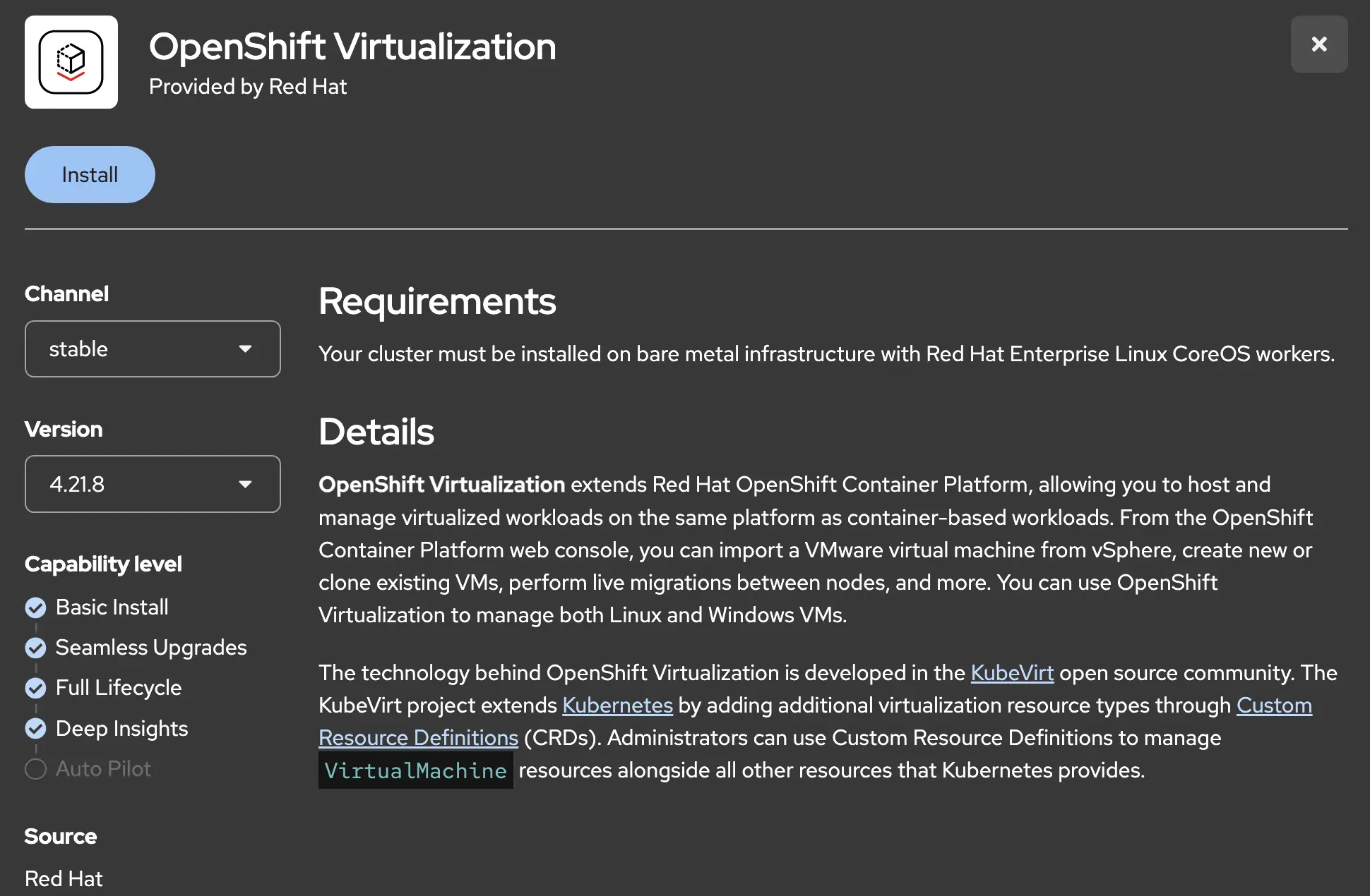 OpenShift Virtualization operator detail page with the Install button