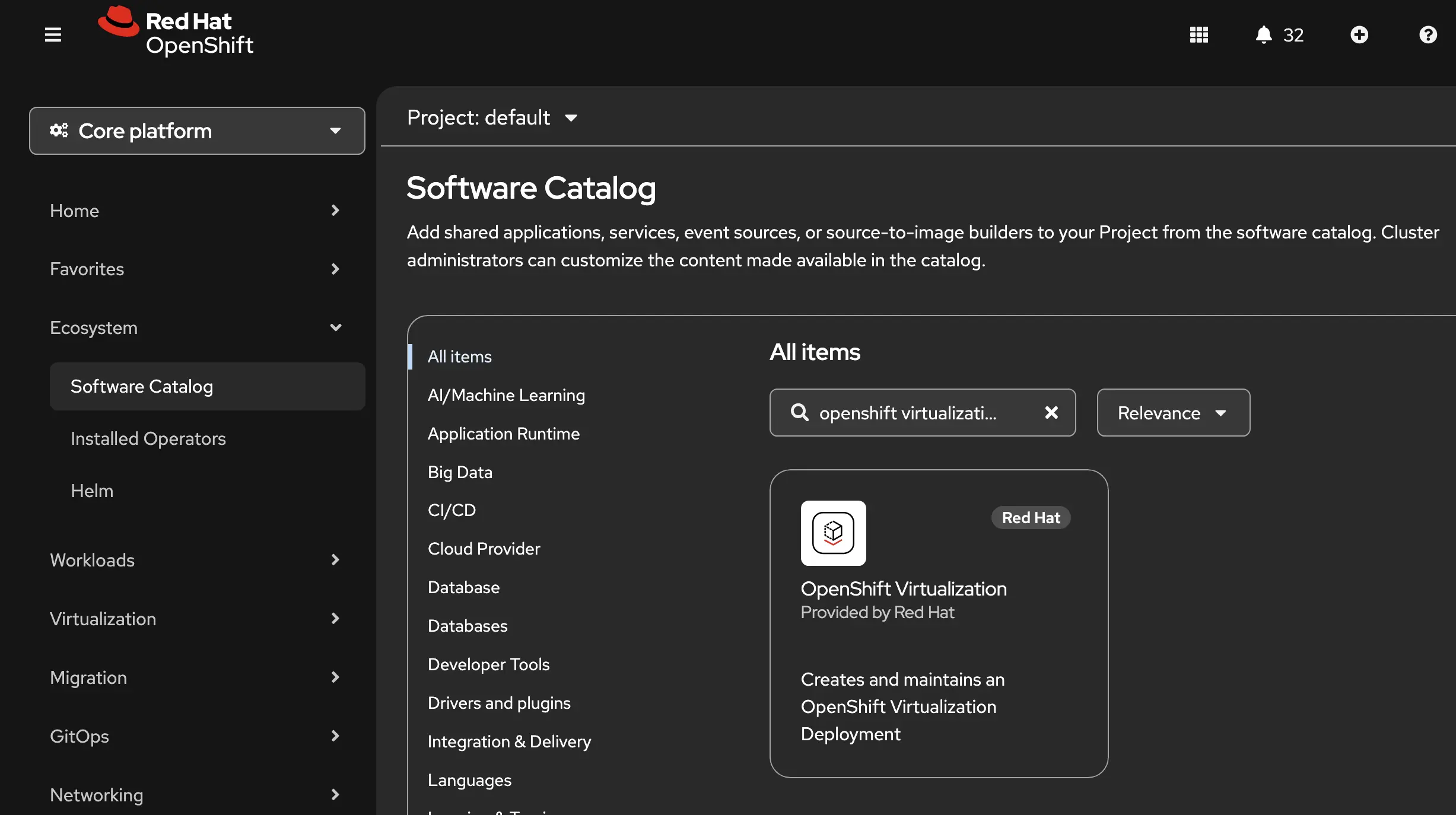 OpenShift Software Catalog search results showing the OpenShift Virtualization tile