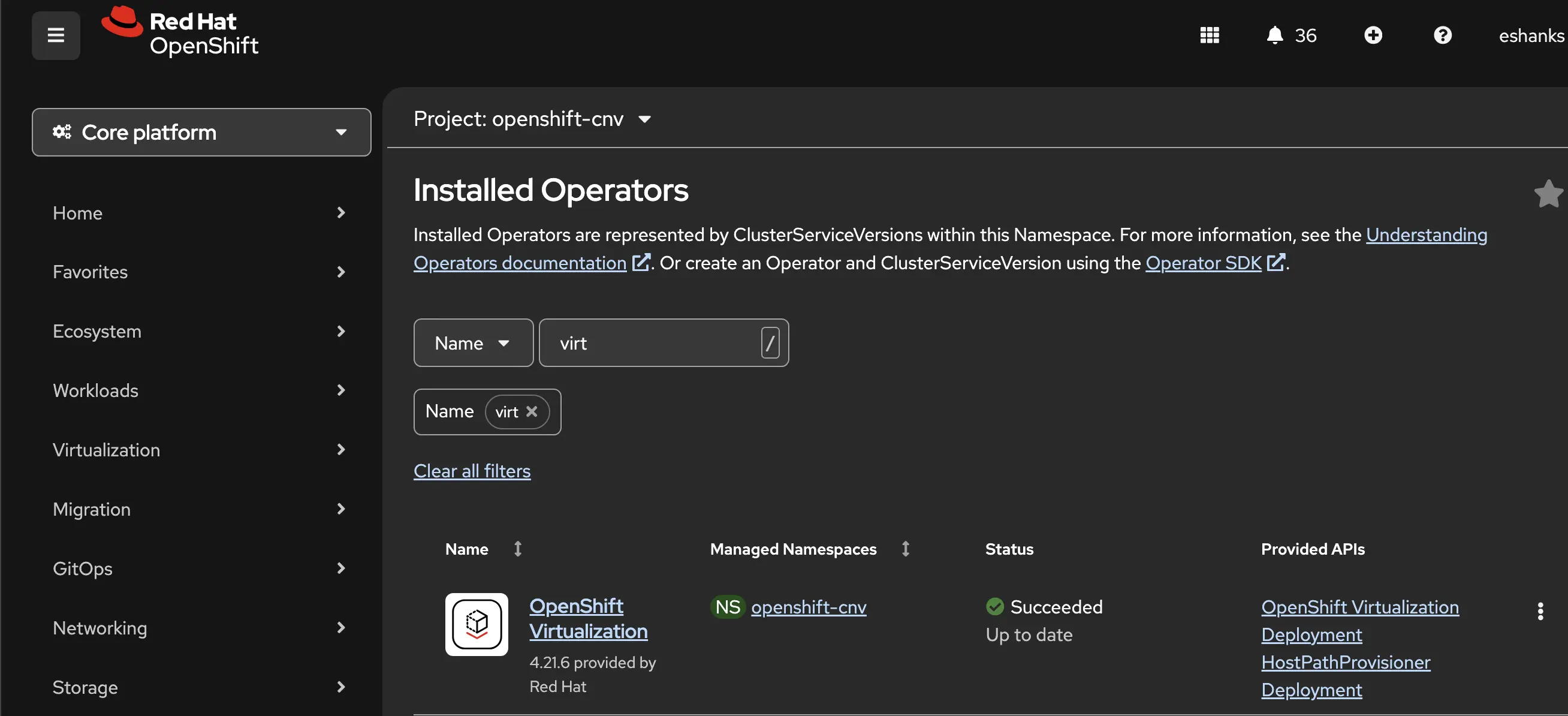 Installed Operators list showing OpenShift Virtualization as a successfully installed operator