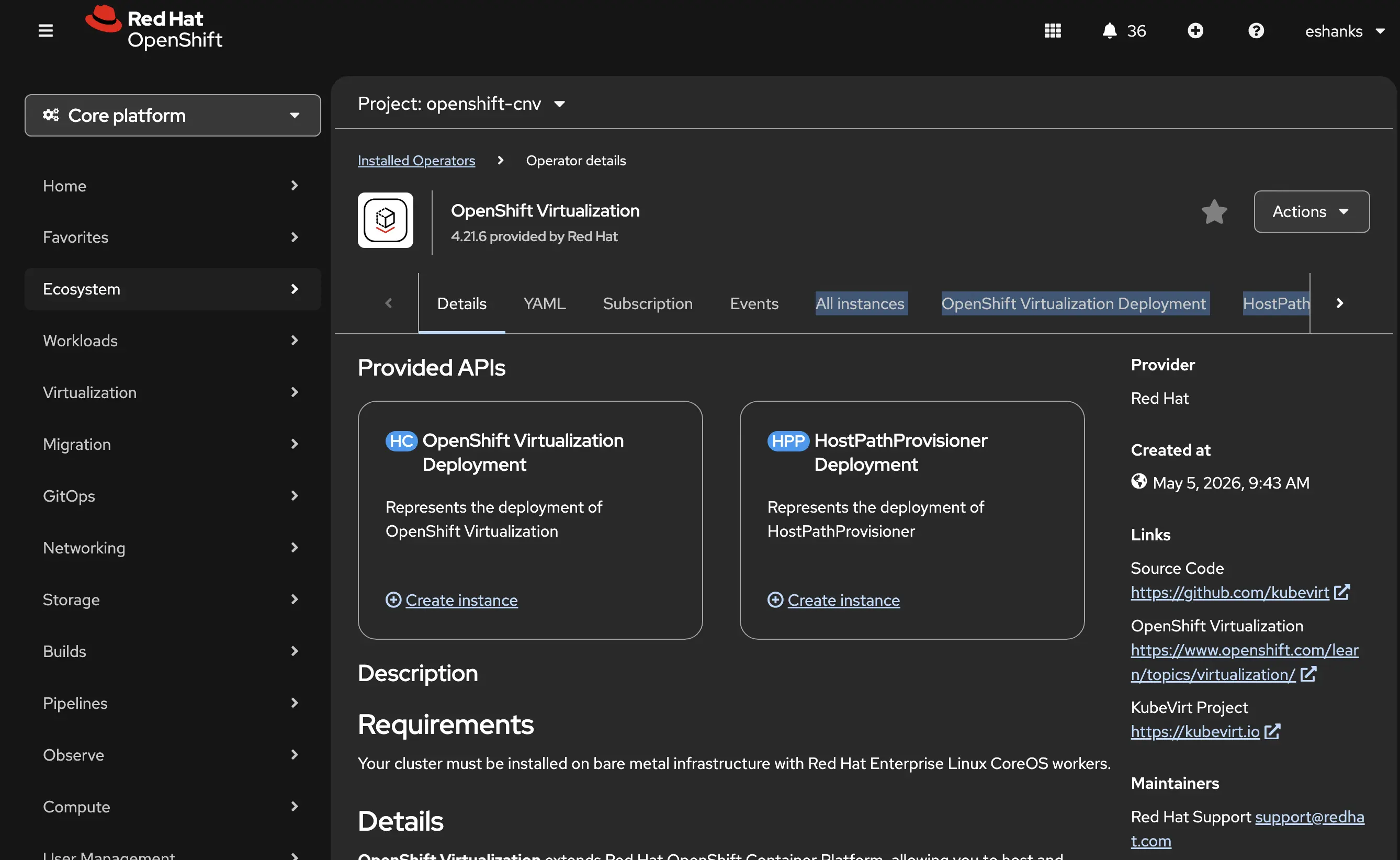 OpenShift Virtualization operator overview page with the HyperConverged resource listed