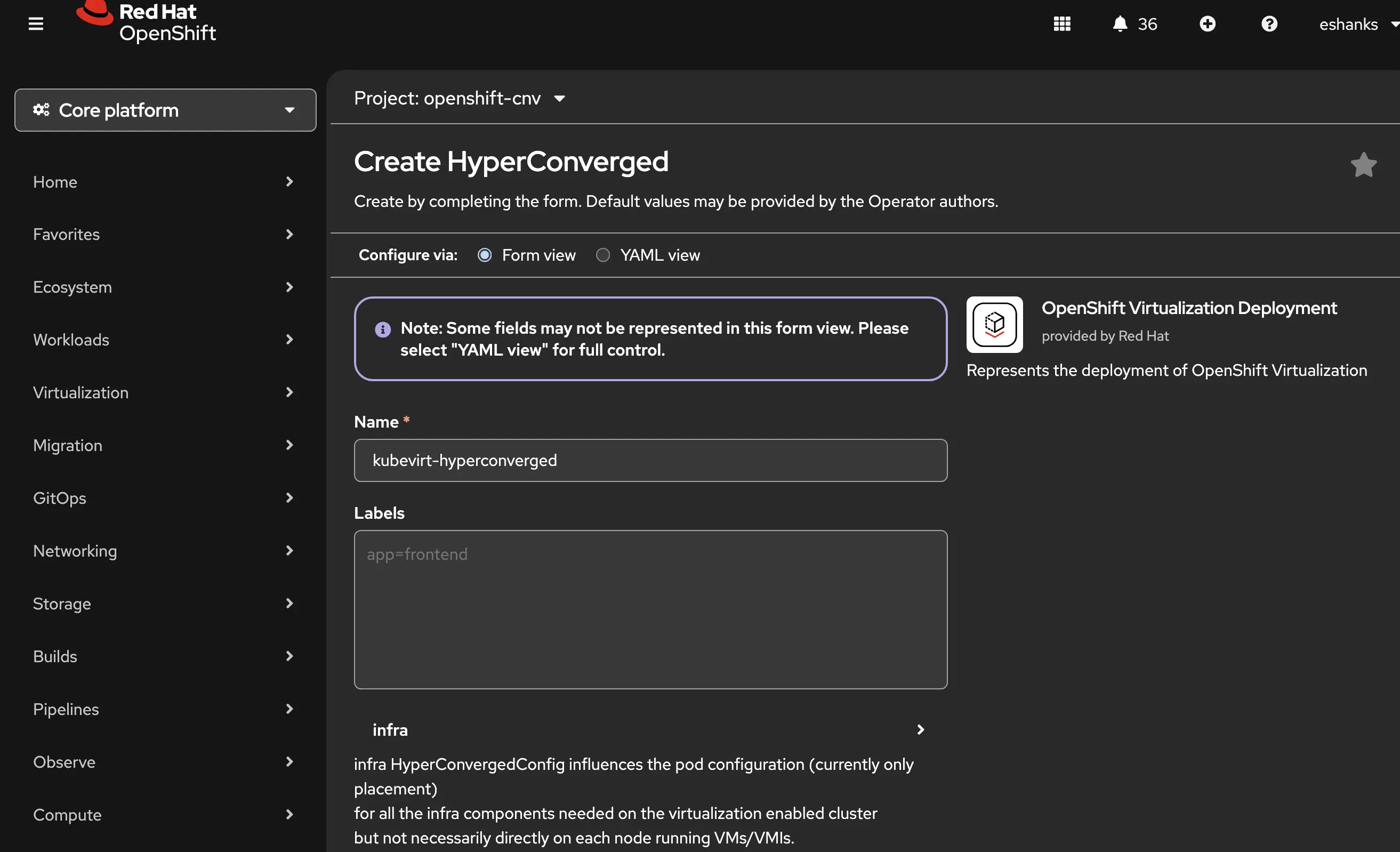 HyperConverged configuration form on the OpenShift Virtualization Deployment tab