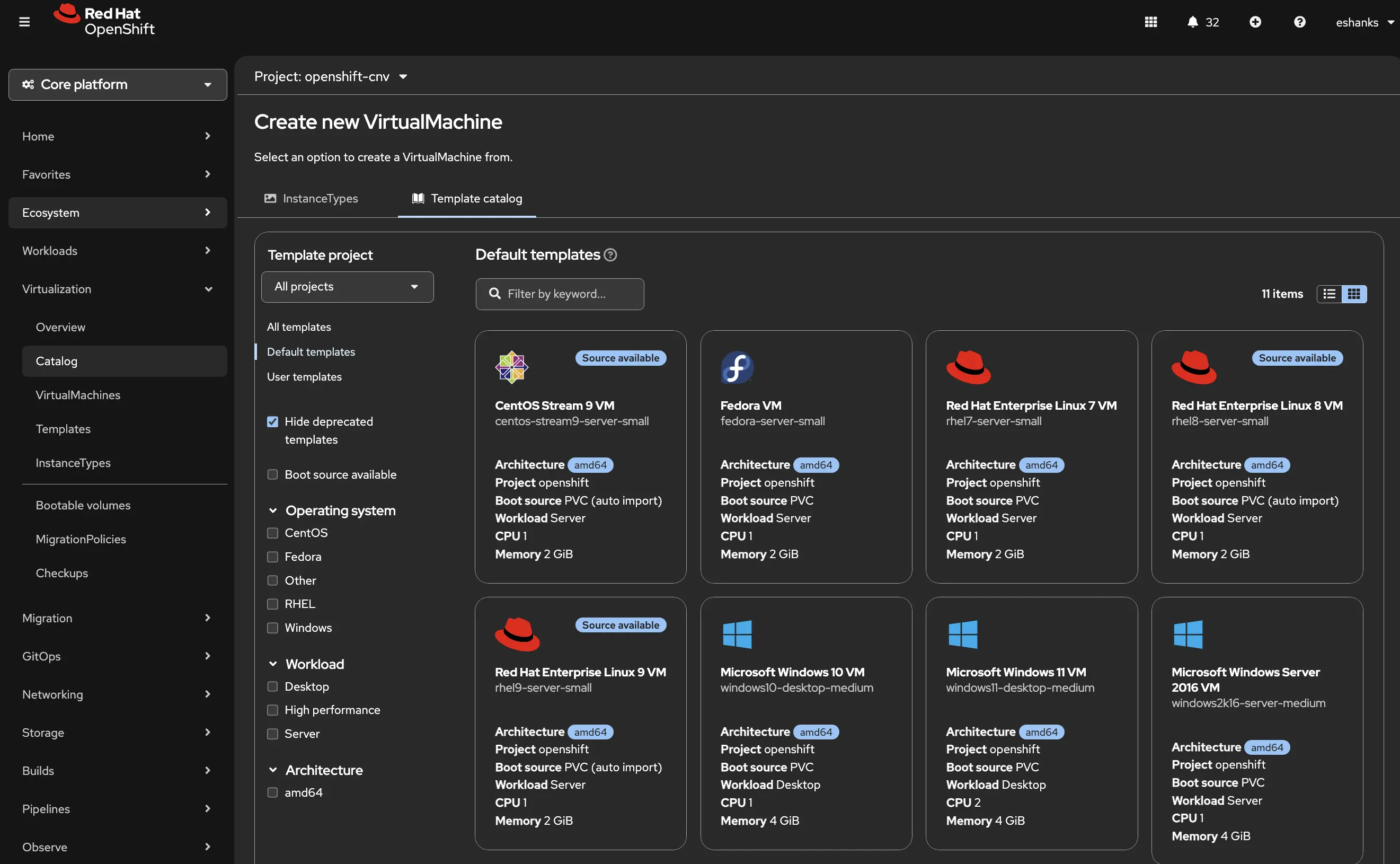 OpenShift Virtualization VM template catalog showing available RHEL, CentOS, Fedora, and Windows boot images