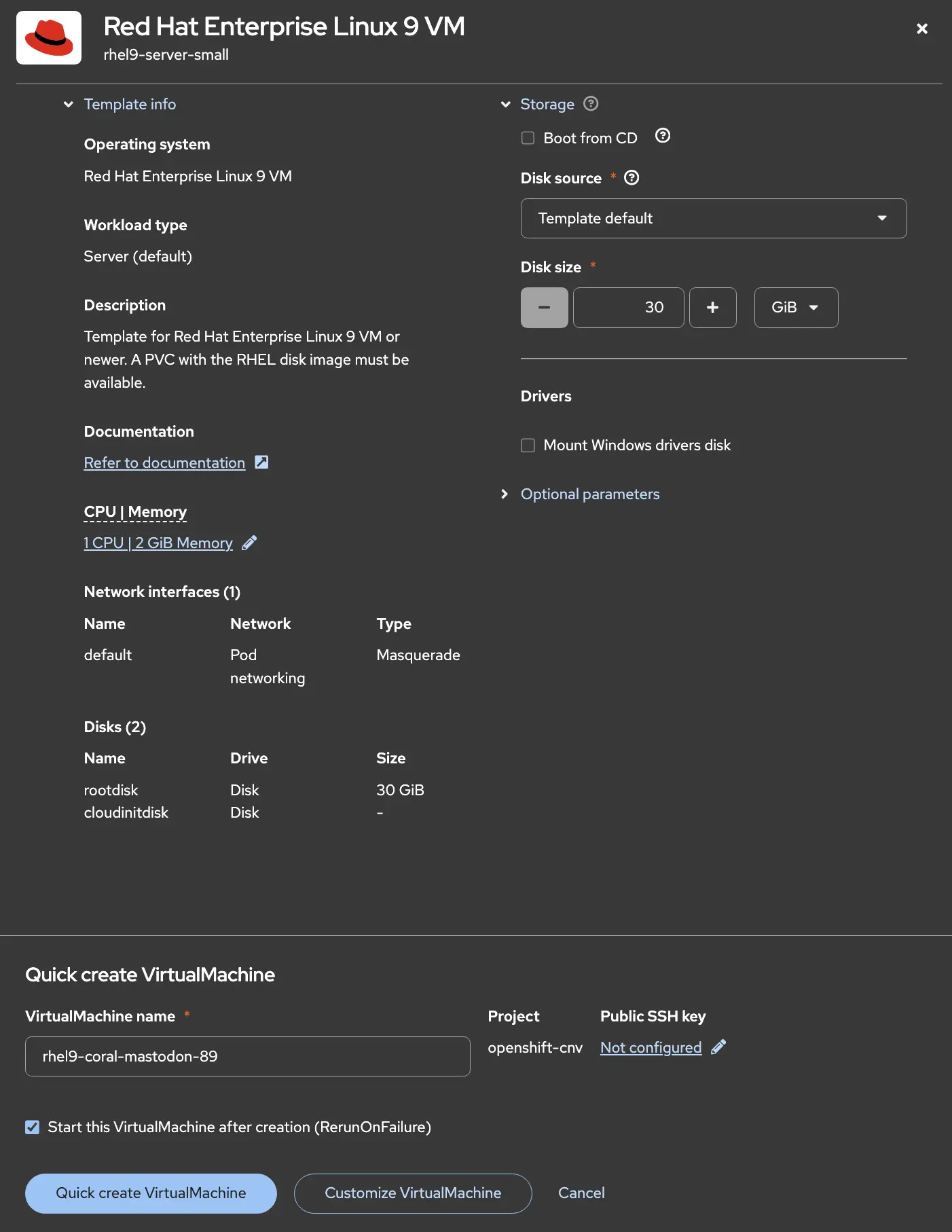 Dialog showing Quick create VirtualMachine and Customize VirtualMachine deployment options
