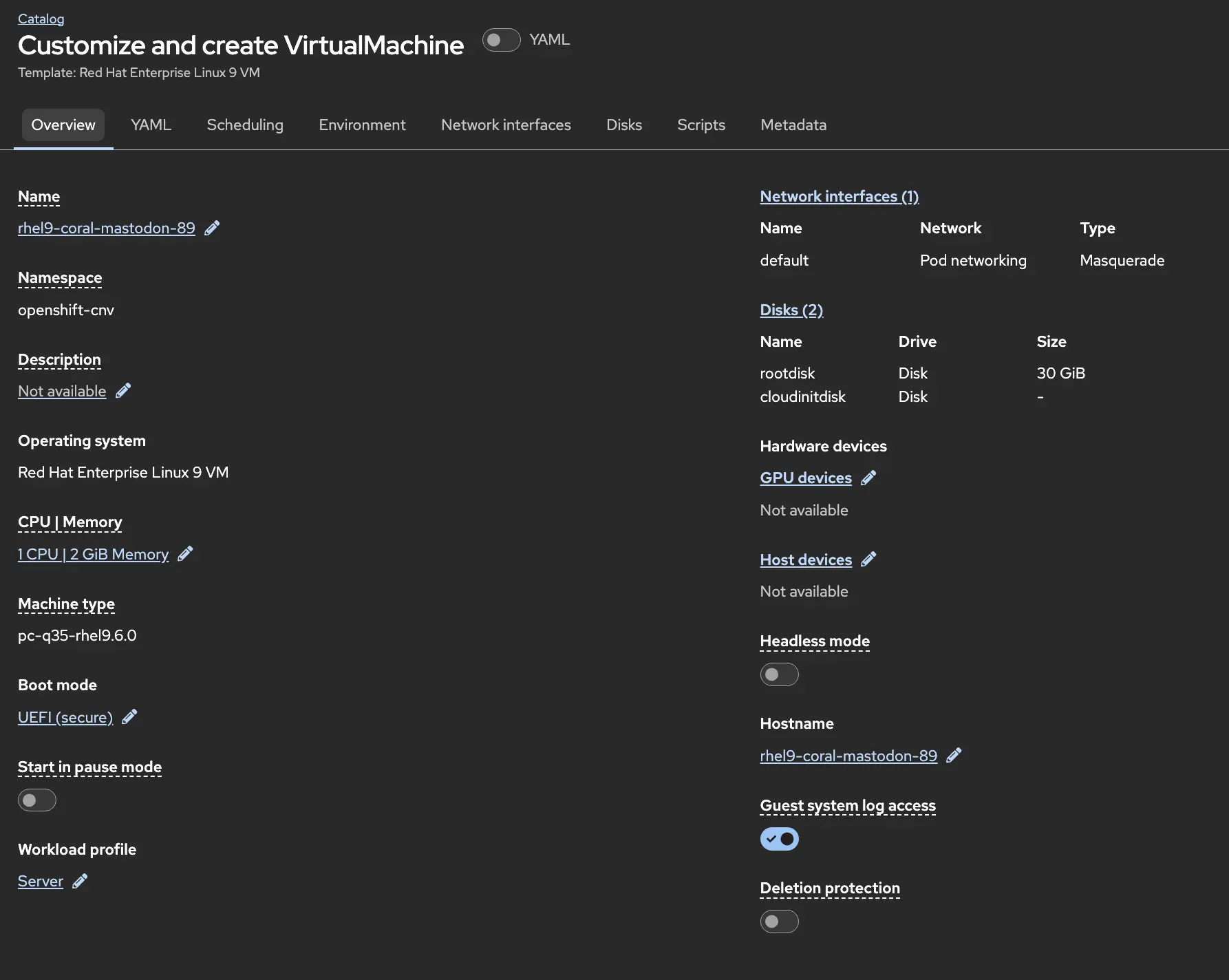 VM customization screen showing CPU, memory, boot options, and GPU configuration fields
