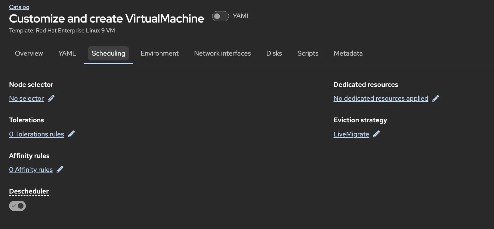 Scheduling tab showing node affinity rules and eviction strategy settings for a VM