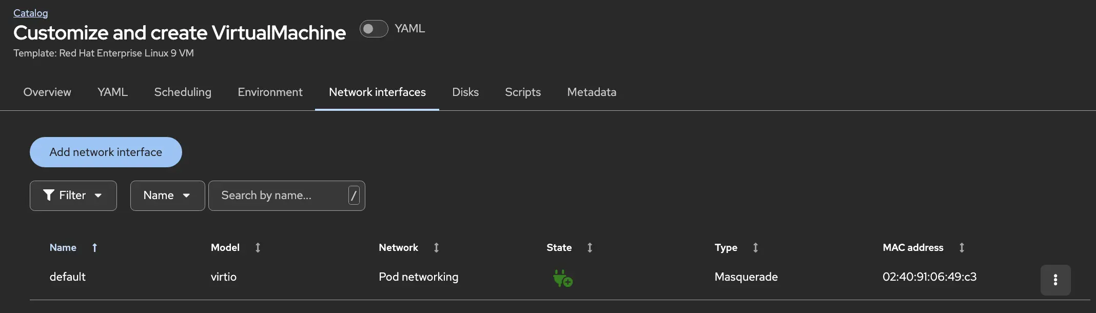 Network tab showing the default pod network interface and options to add additional NICs