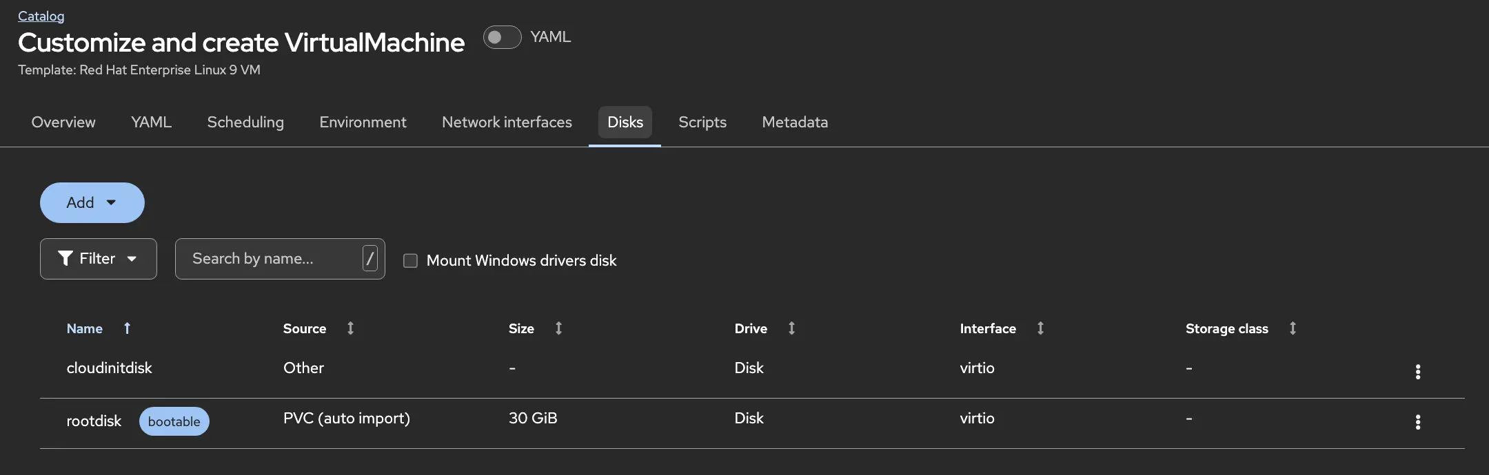 Disk configuration screen showing attached VM volumes with options to add disks and set virtual bus type