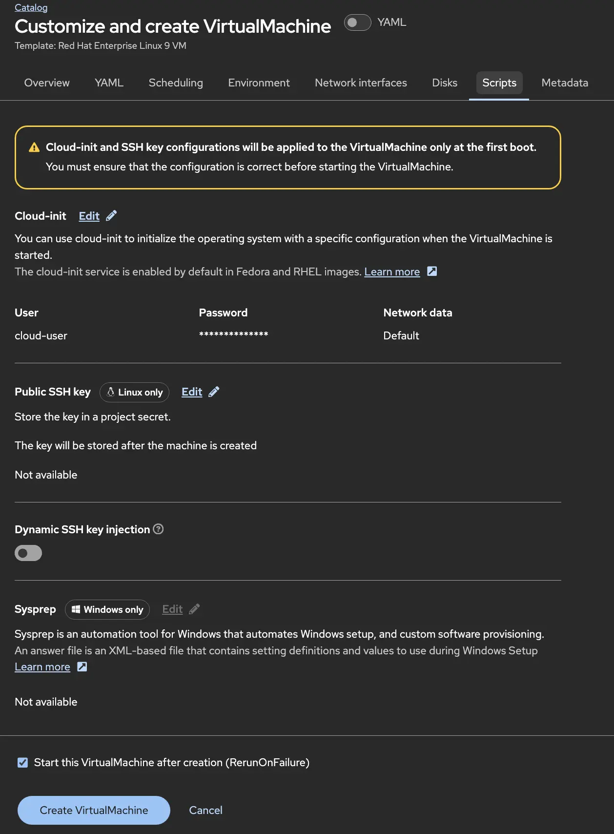 Scripts tab showing cloud-init configuration fields and SSH public key input for VM access