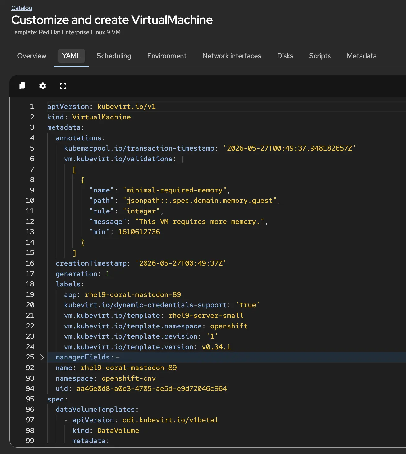 YAML view of the VirtualMachine resource definition ready to copy for reuse