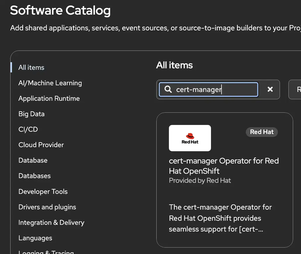 Cert-Manager Operator Installation Search Screen