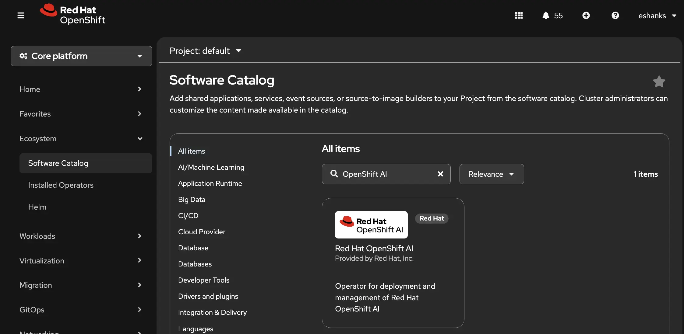 OpenShift AI Operator Installation Search Screen