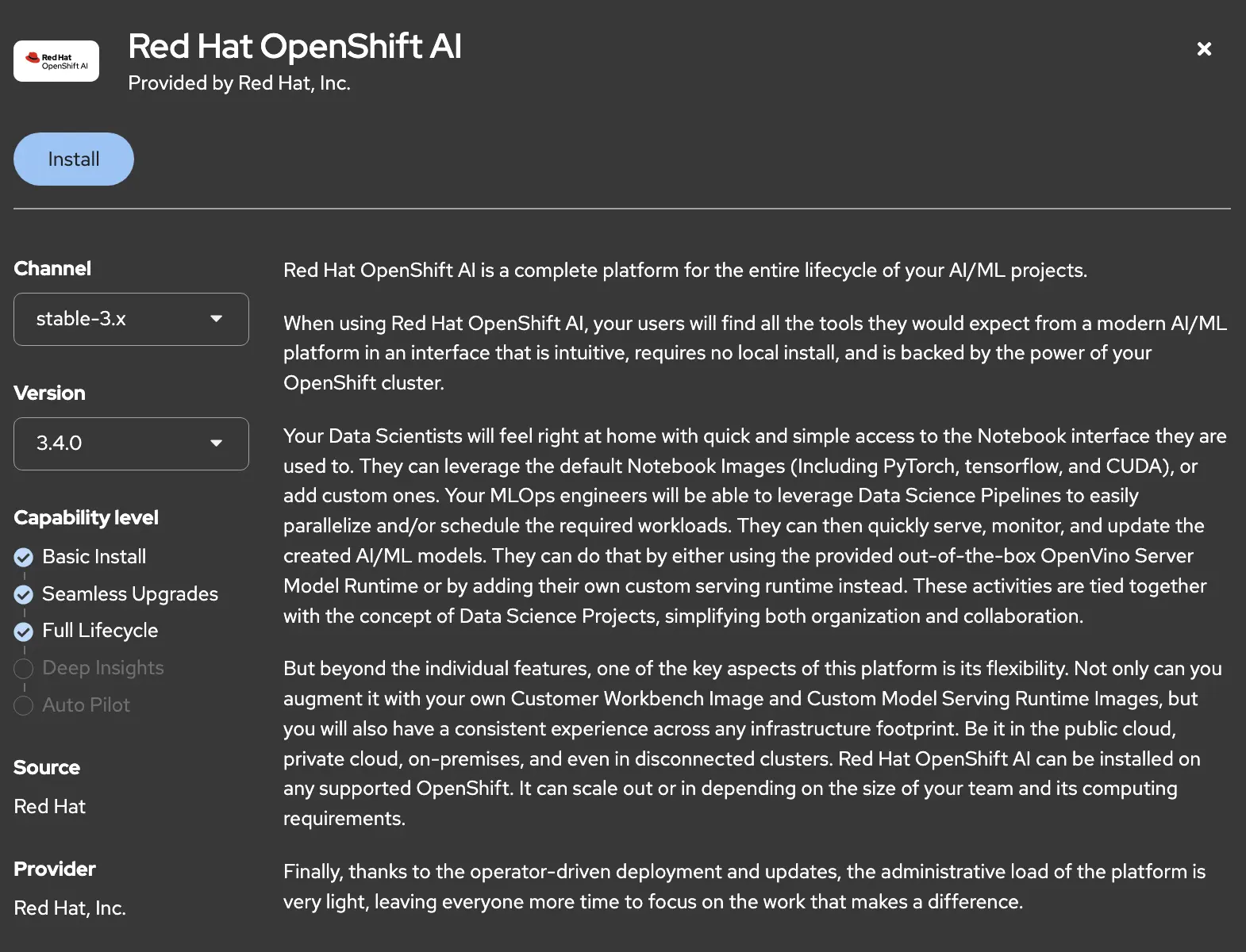 OpenShift AI Operator Installation install screen 1