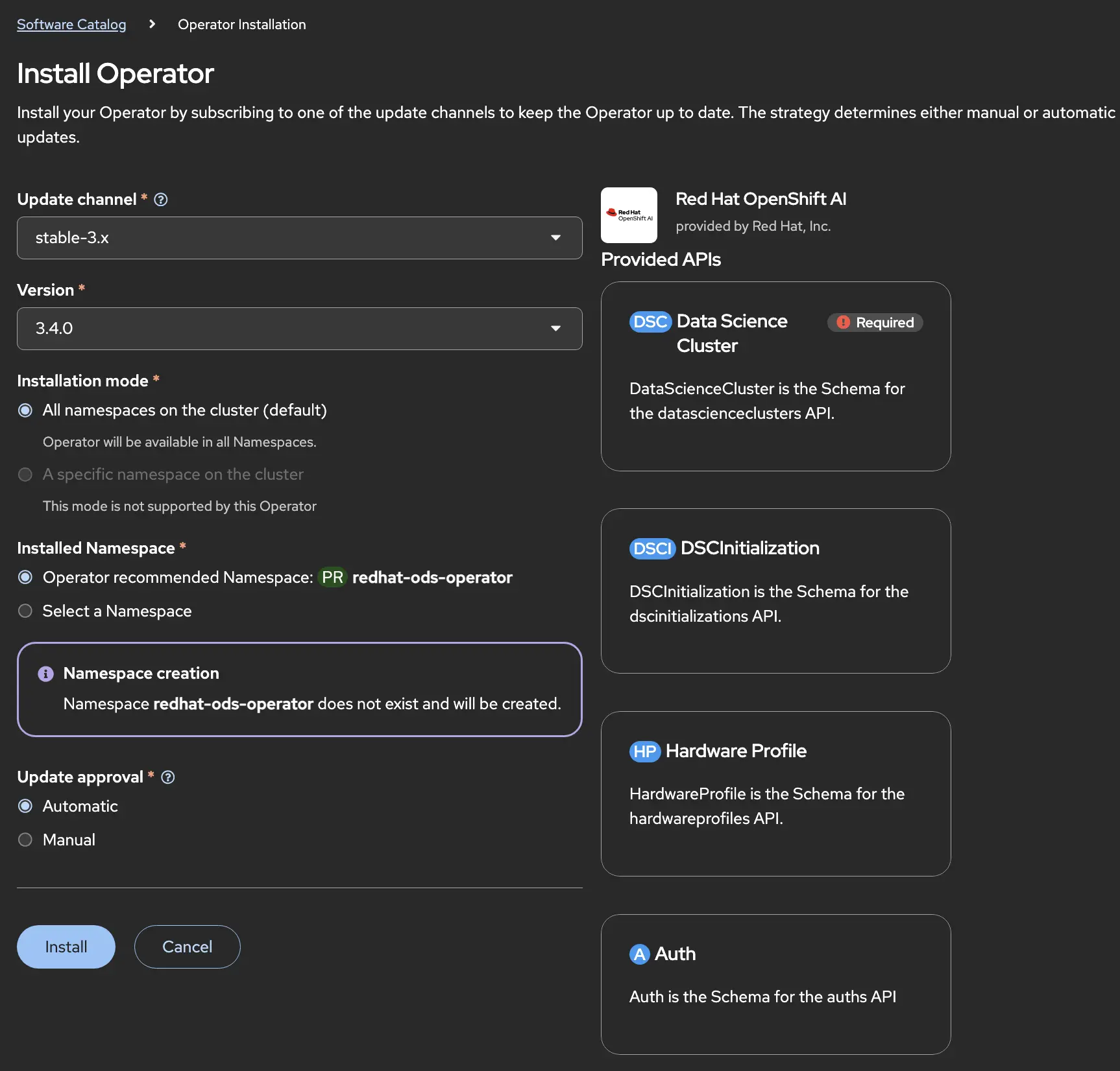 OpenShift AI Operator Installation install screen 2