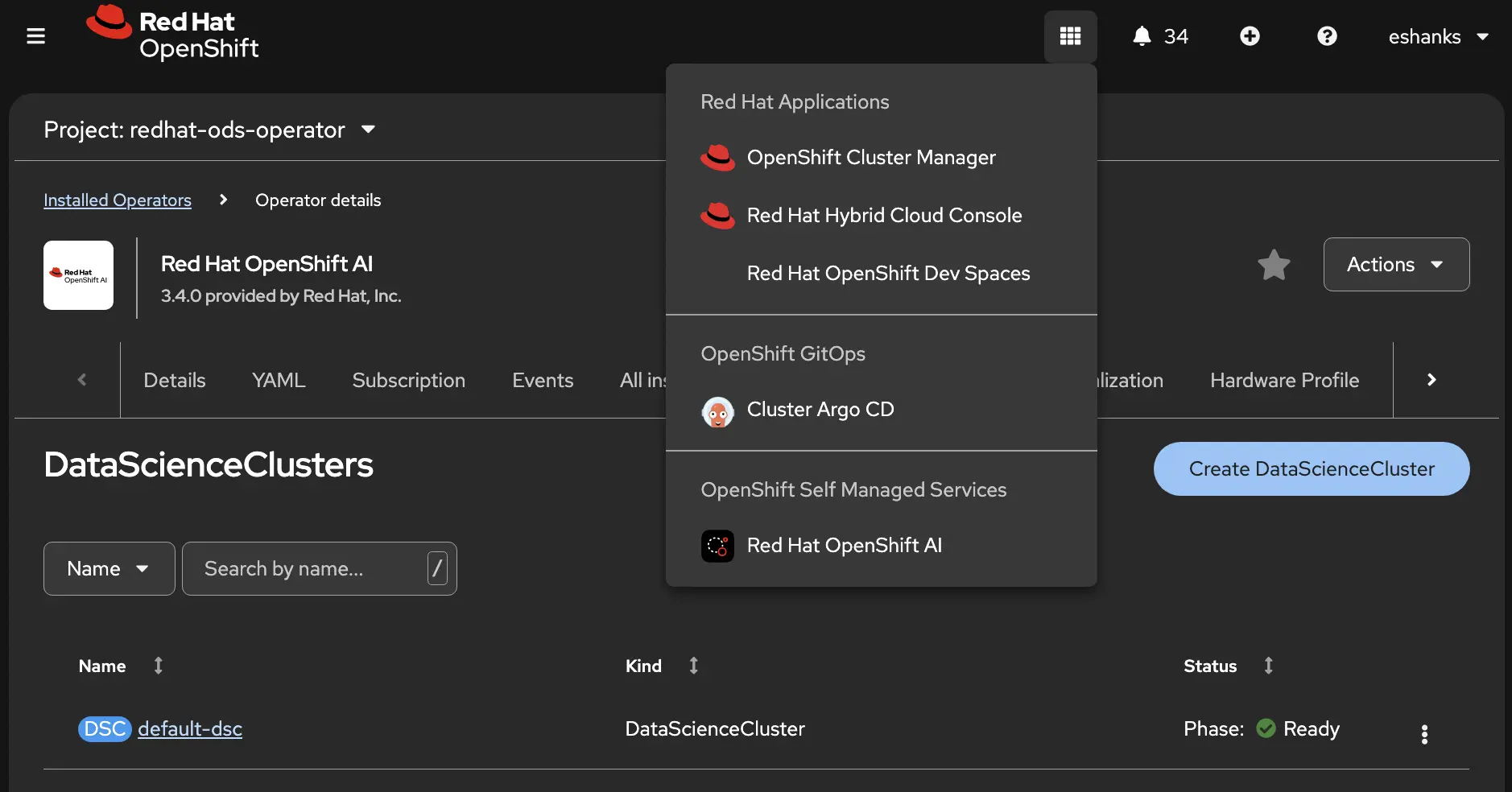 OpenShift AI dashboard link visible in the OpenShift Application Launcher nine-dot menu
