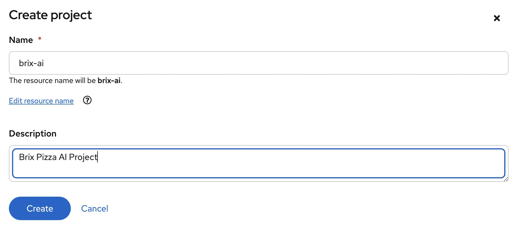 Create project form with name and description fields filled in for the brix-ai project