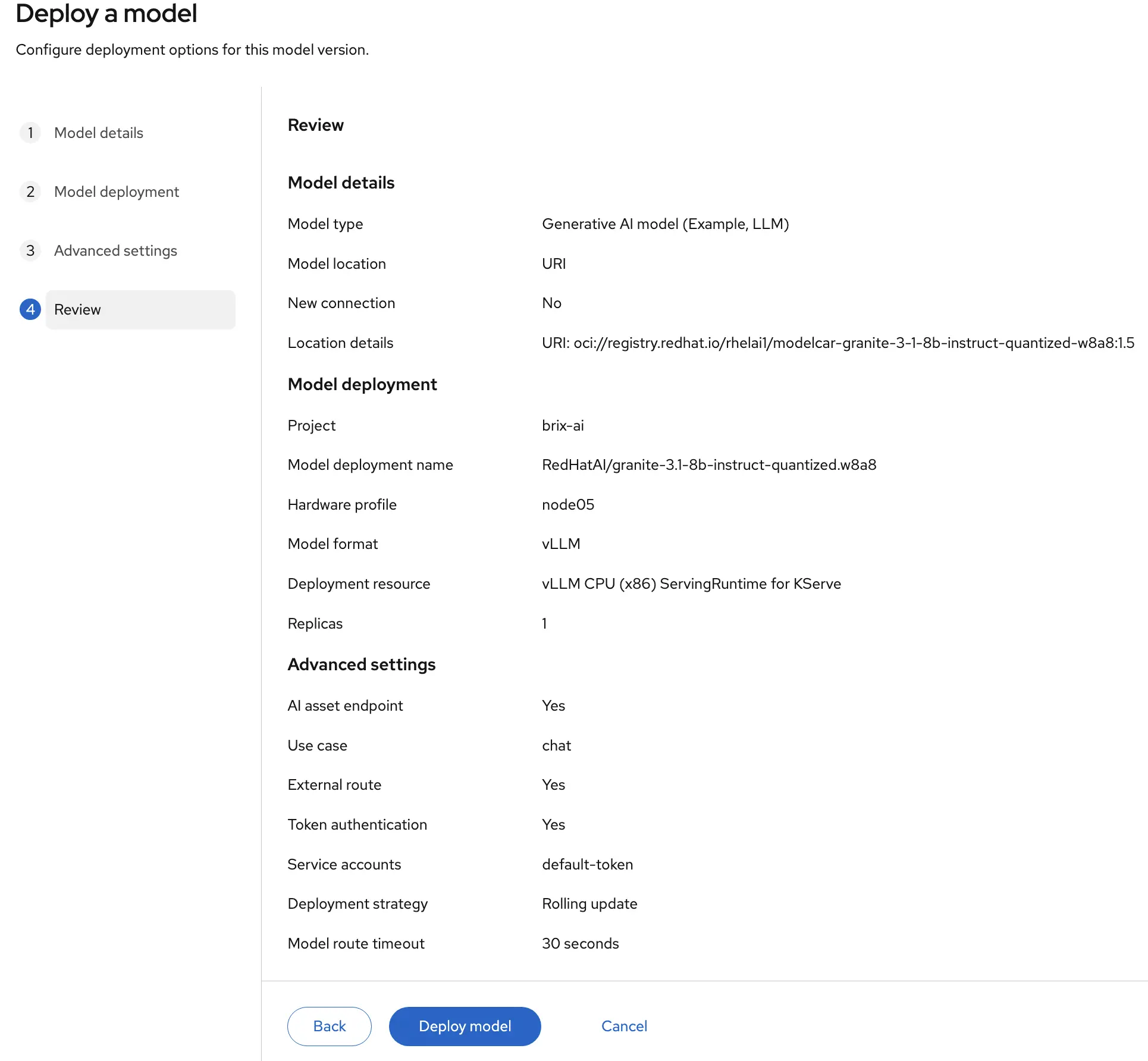 Model deployment review screen summarizing all configuration before clicking Deploy Model