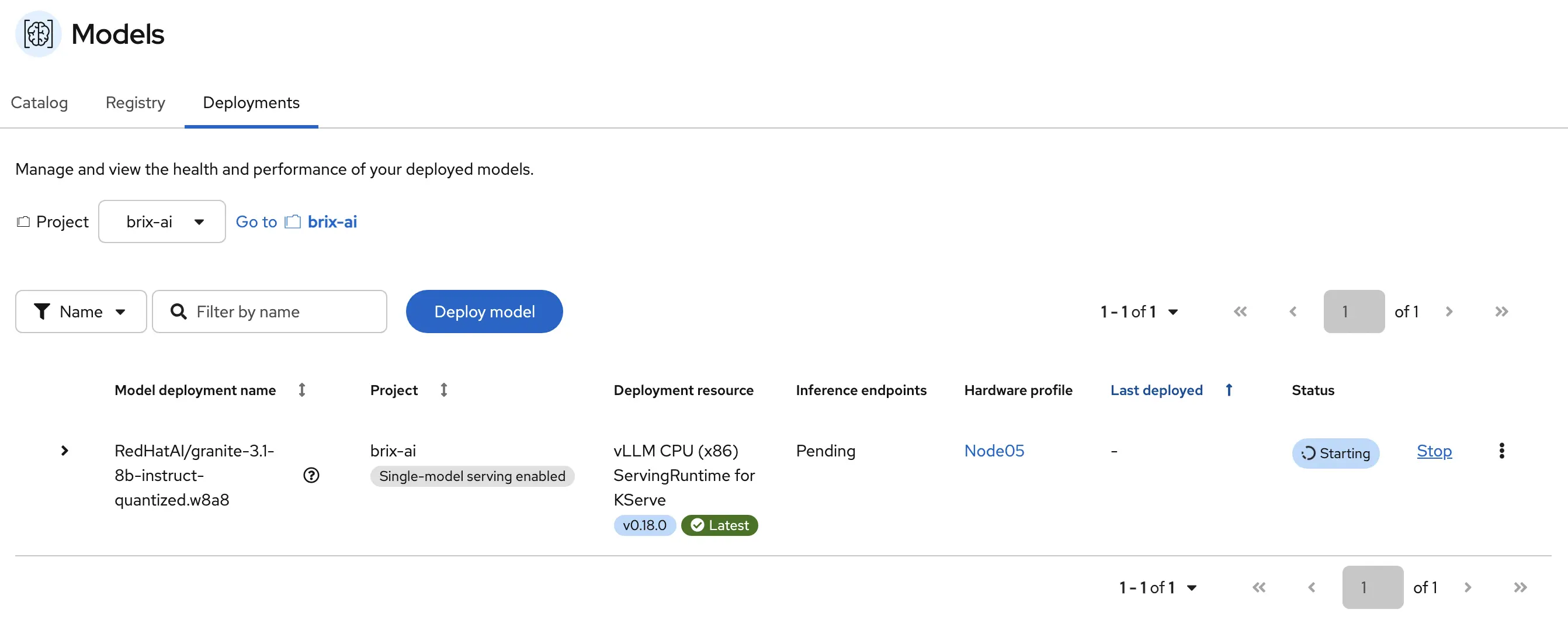 OpenShift AI dashboard showing the Granite model deployment in progress with a loading status indicator