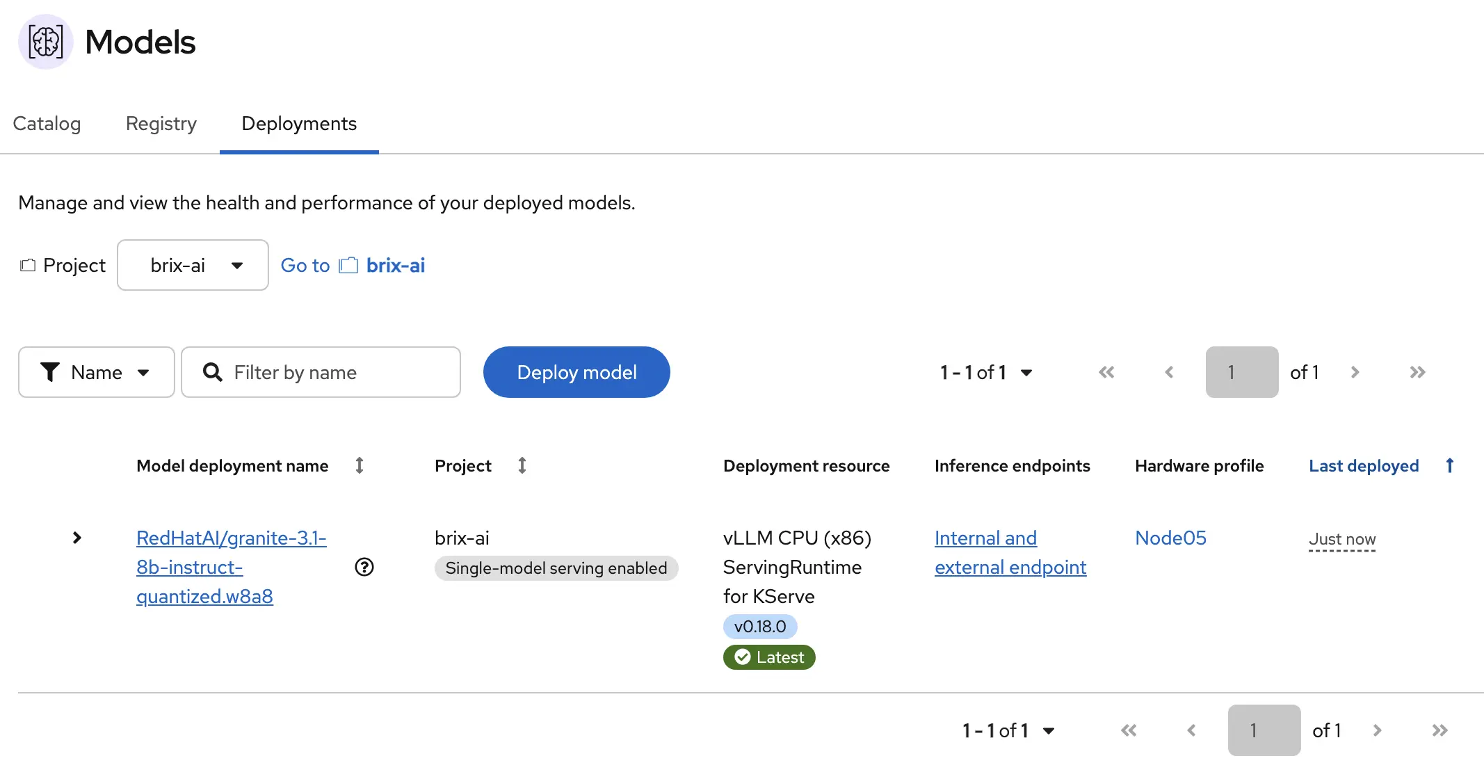 OpenShift AI dashboard showing the deployed Granite model with a green ready status and external endpoint URL