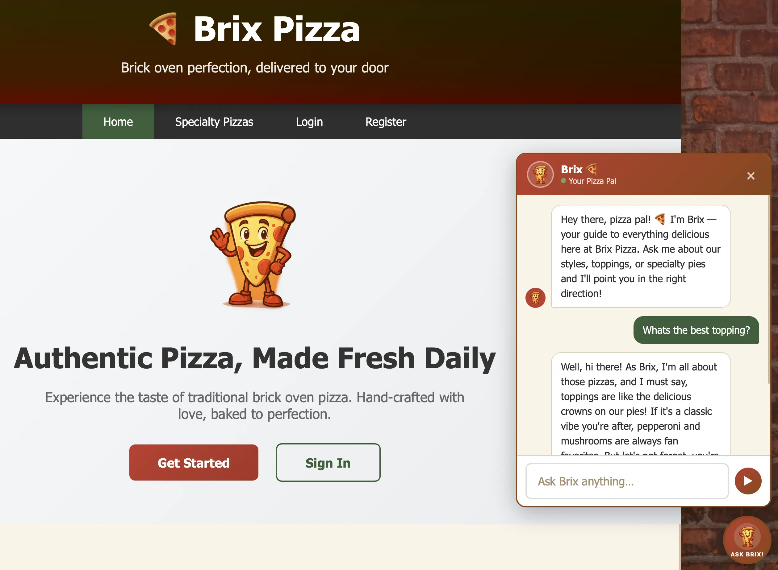 Brix Pizza web application showing the AI chatbot interface responding to a customer question