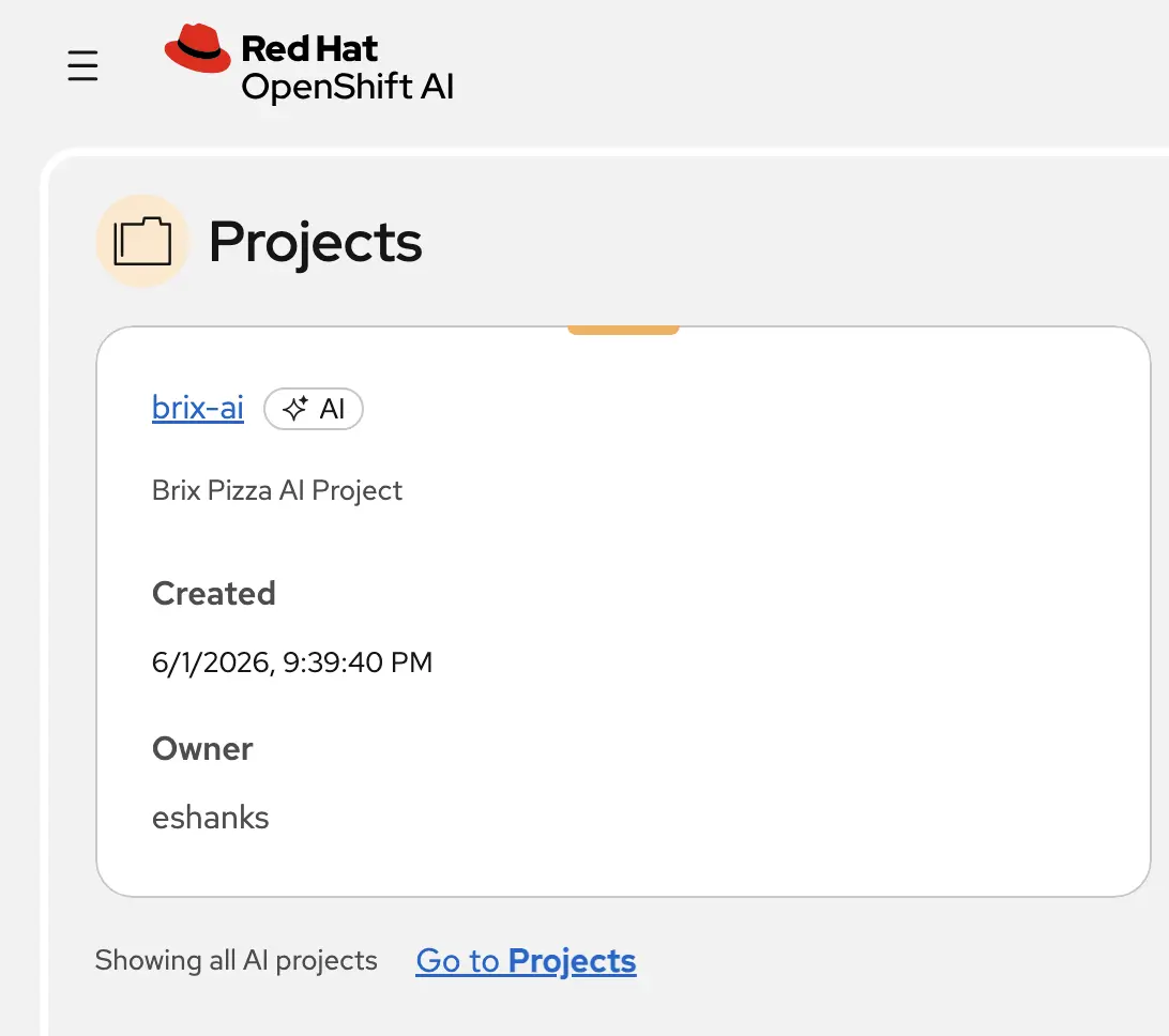 OpenShift AI dashboard showing the newly created brix-ai project in the projects list