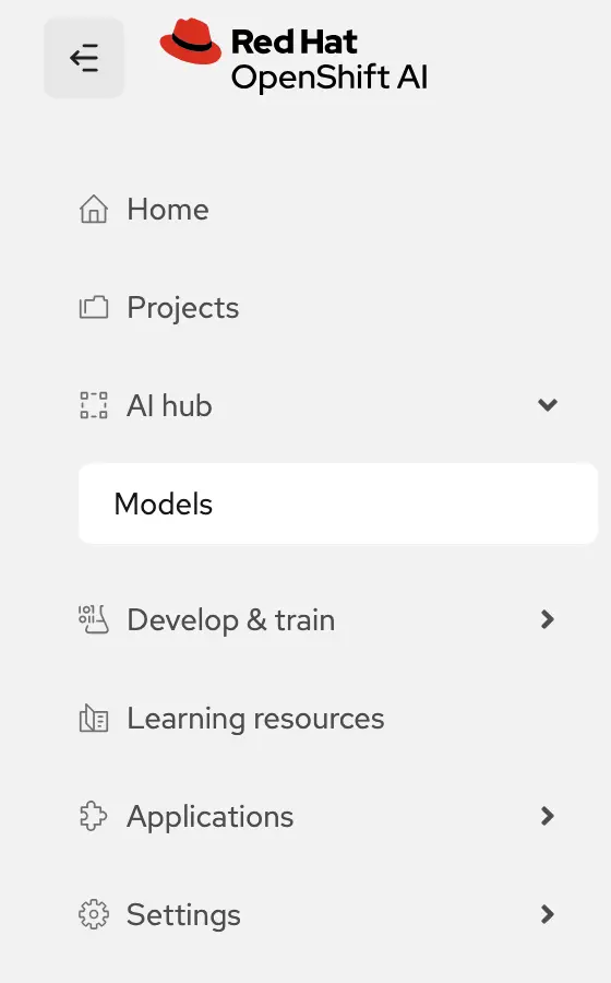 OpenShift AI dashboard navigation with the Models section selected