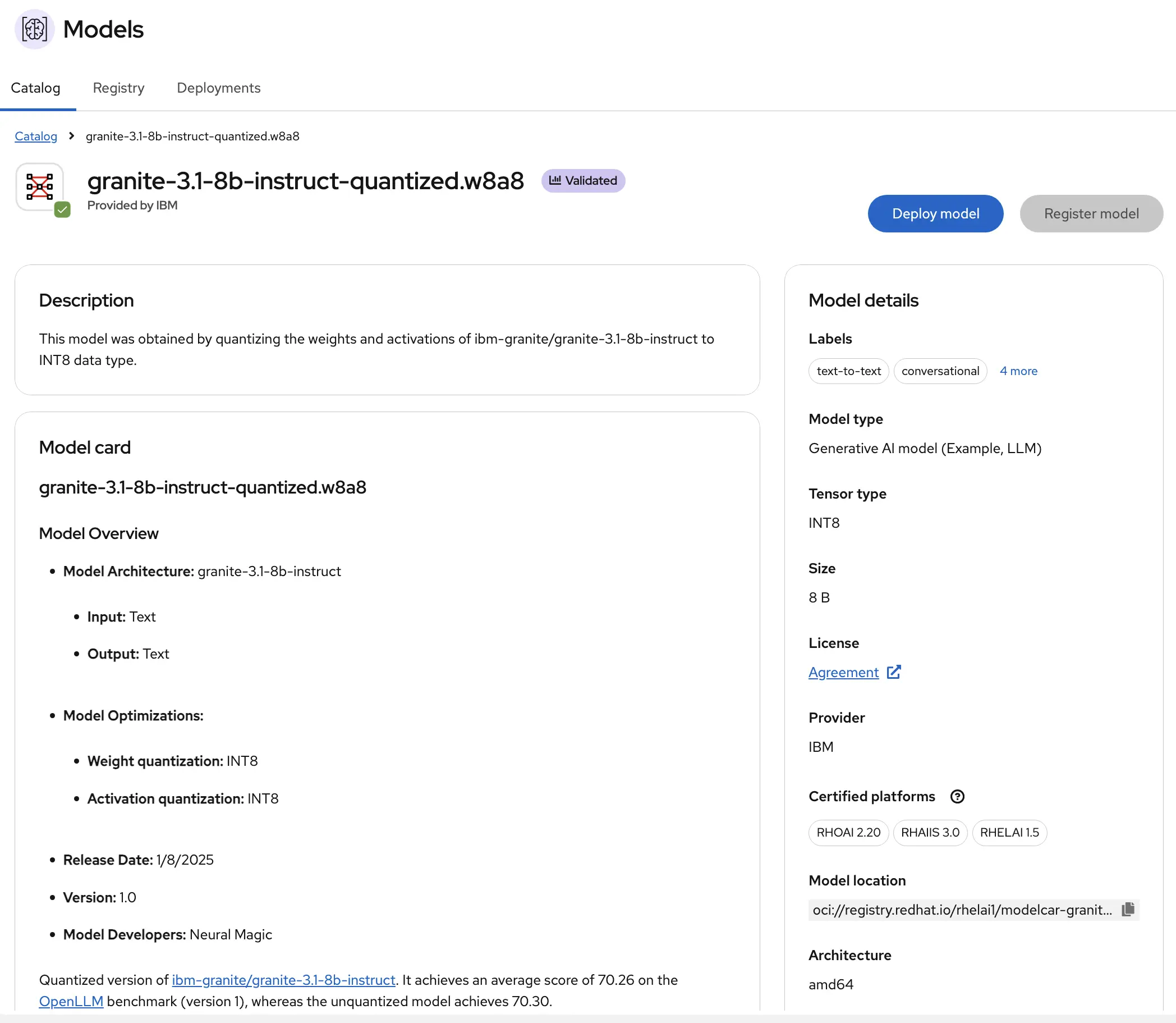 Model detail page showing description, common use cases, and performance information for the selected Granite model