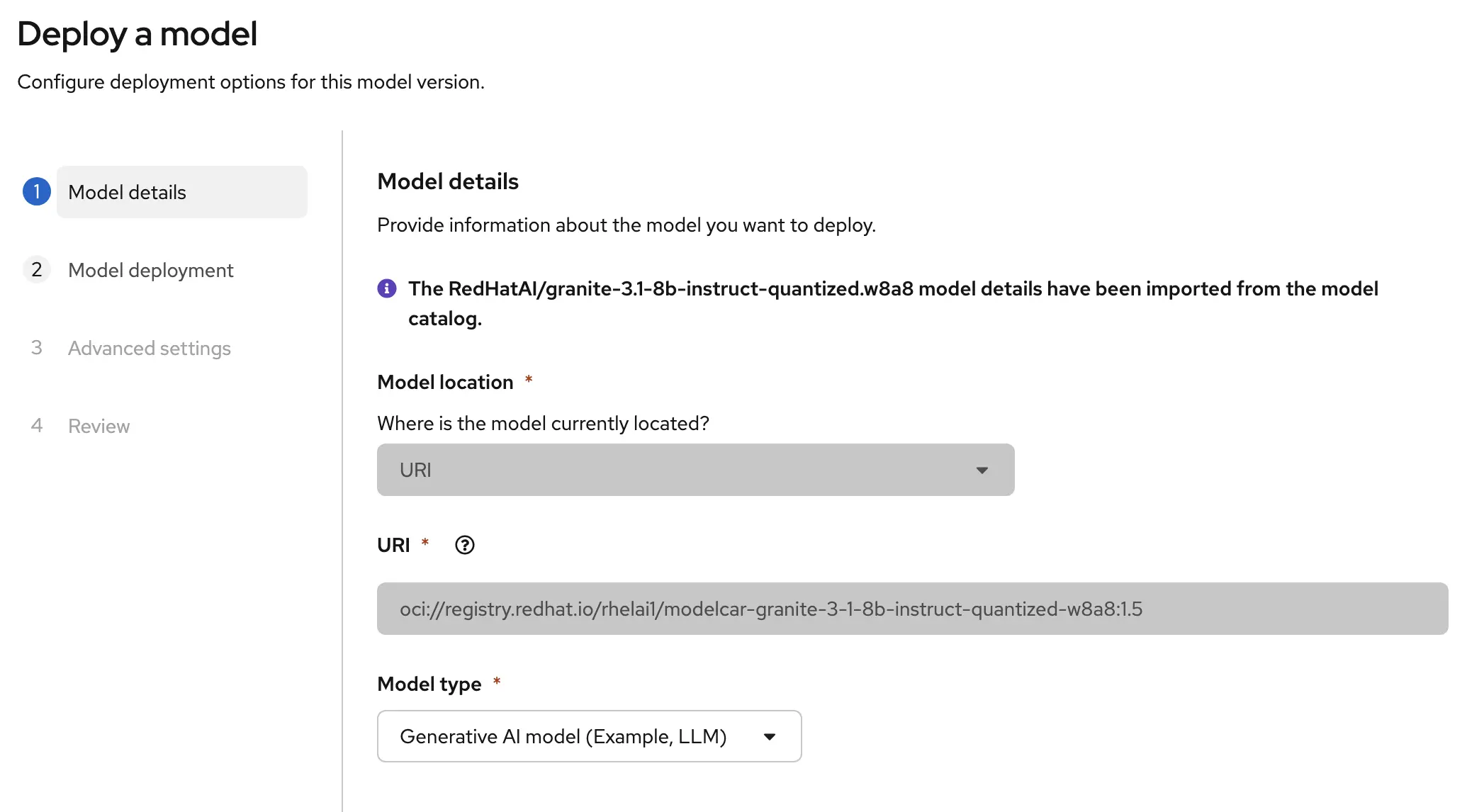 Deployment wizard first screen showing model source location and generative versus predictive AI selection