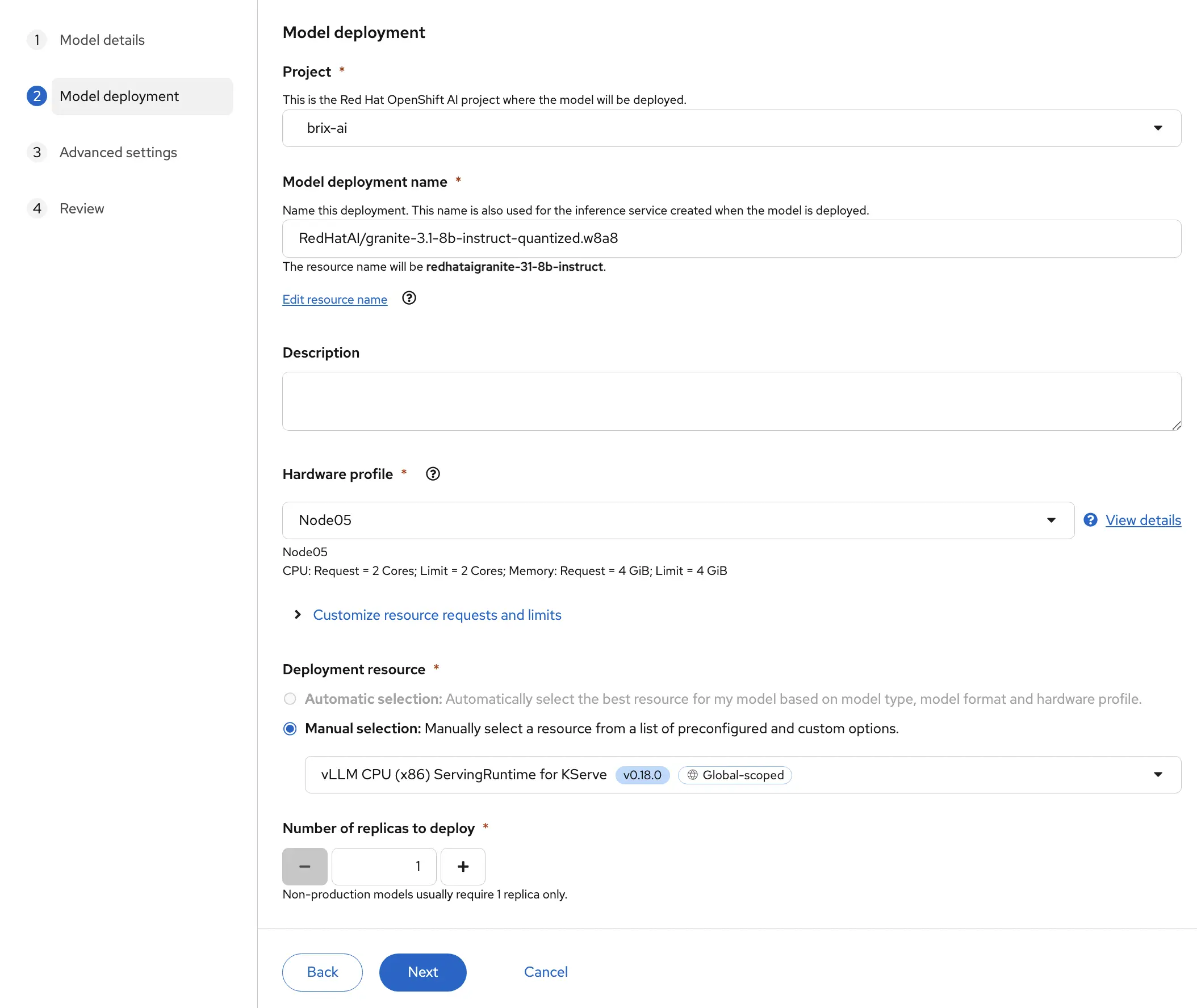 Model deployment page with project, model name, hardware profile, and replica count fields filled in