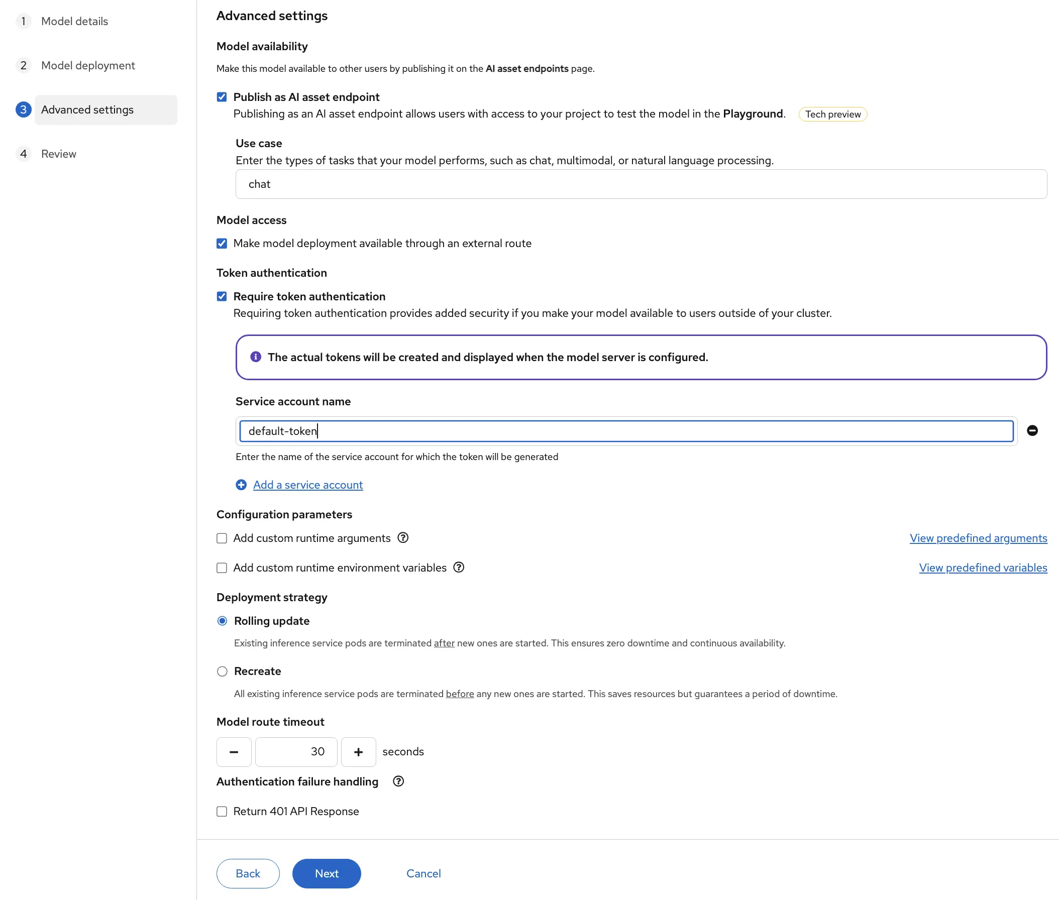 Advanced Settings screen showing the AI Asset endpoint publishing option and external route token configuration