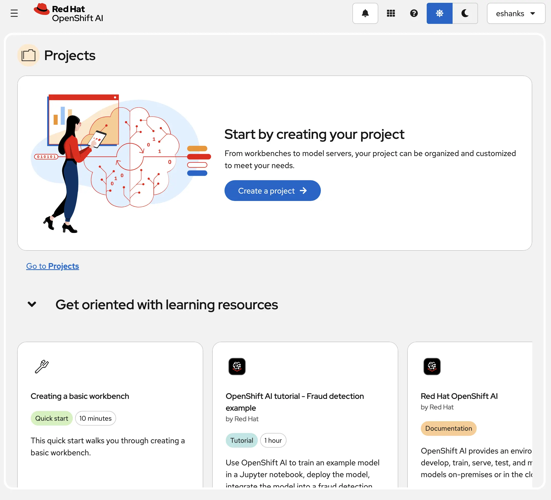 OpenShift AI dashboard home screen showing existing projects and the Create Project button