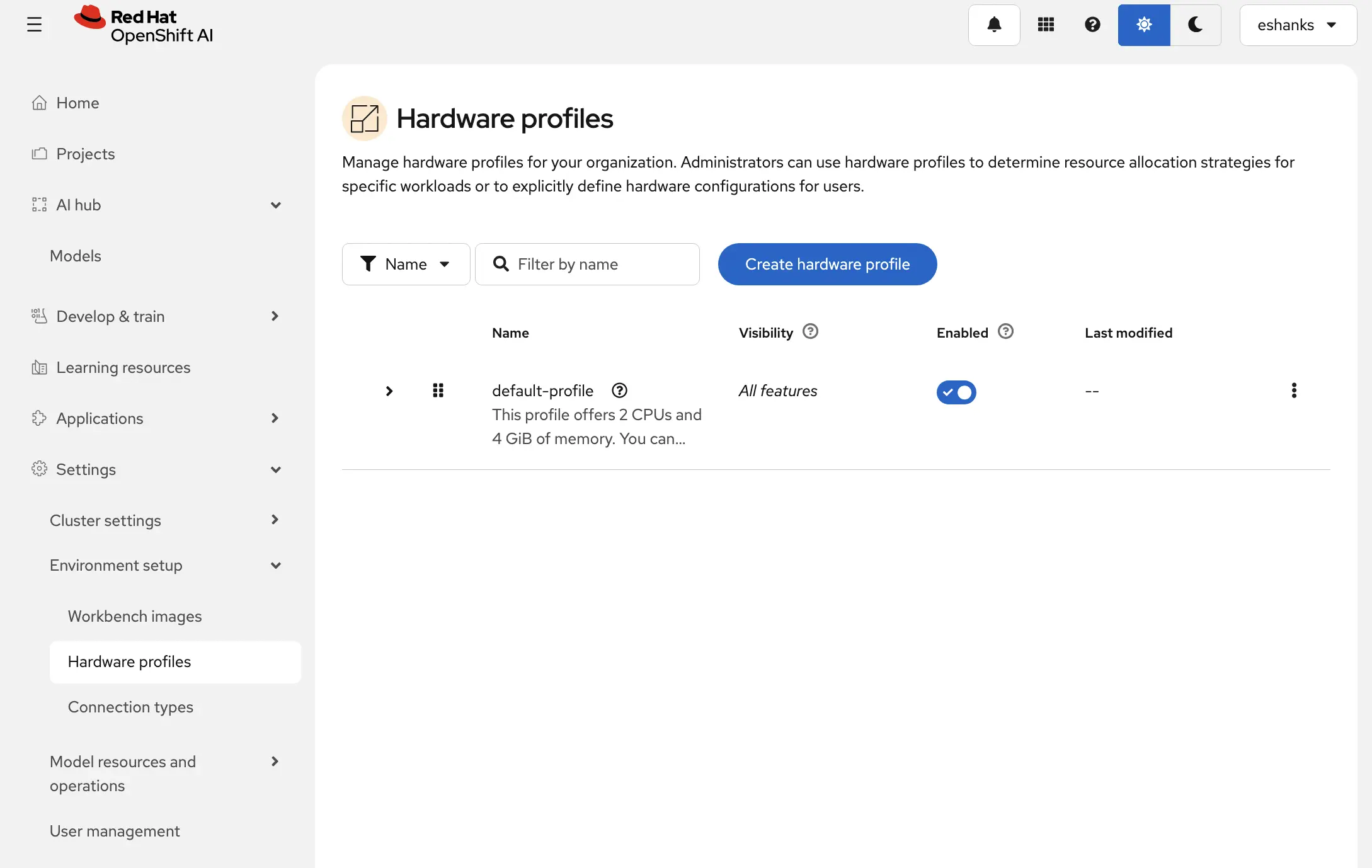 Hardware Profiles list in OpenShift AI showing the default profile and the Create Hardware Profile button