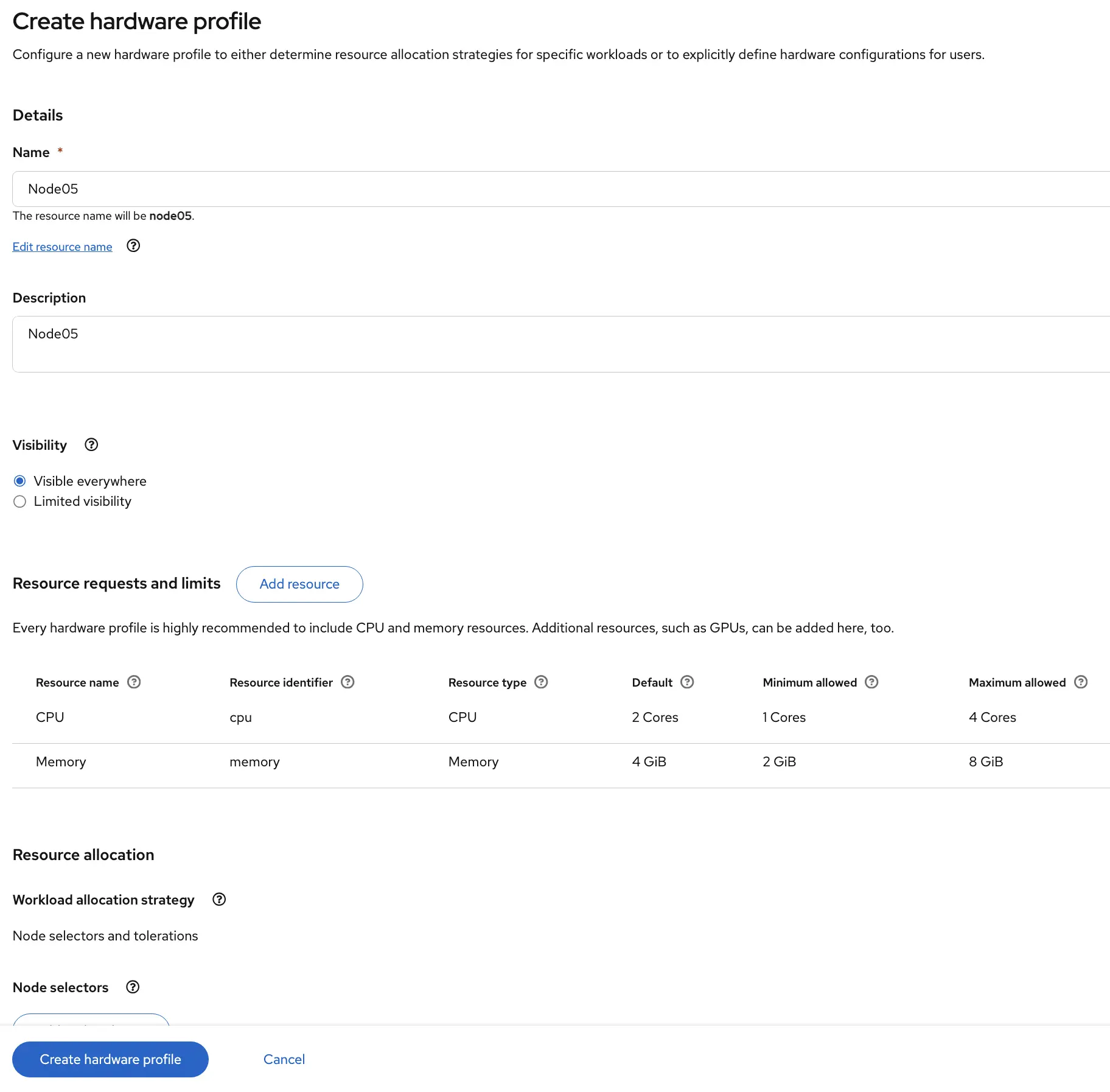 Hardware Profile creation form showing resource limits and node affinity pinned to Node05